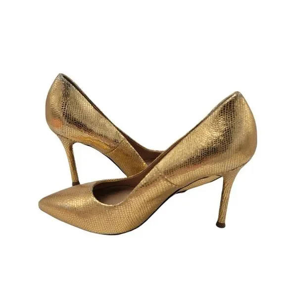 Halston Heritage Gold Heels Leather Pumps - Picture 3 of 11